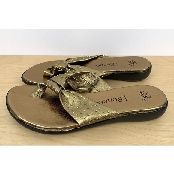 J. RENEE Gold Leather Studded Flat Flip Flop Thong Sandals Size 7 W - Picture 4 of 9